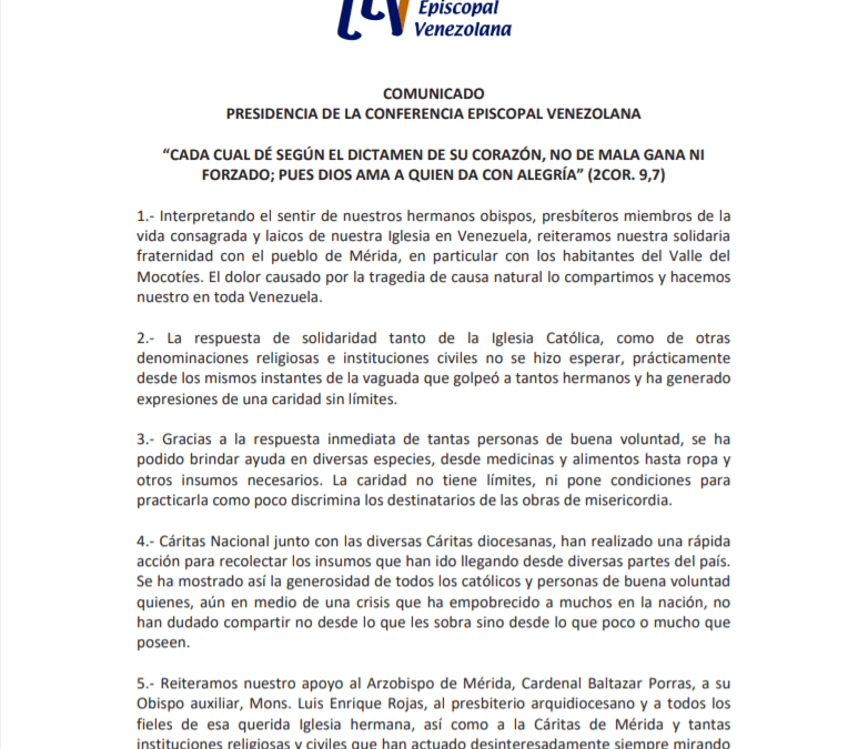 Conferencia Episcopal Venezolana lamentó impedimentos de parte de GNB y autoridades civiles para que llegue ayuda para afectados por las lluvias en Mérida