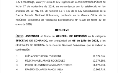 Ascensos Militares:  46  efectivos militares son ascendidos al grado de general de división y de brigada en la GNB