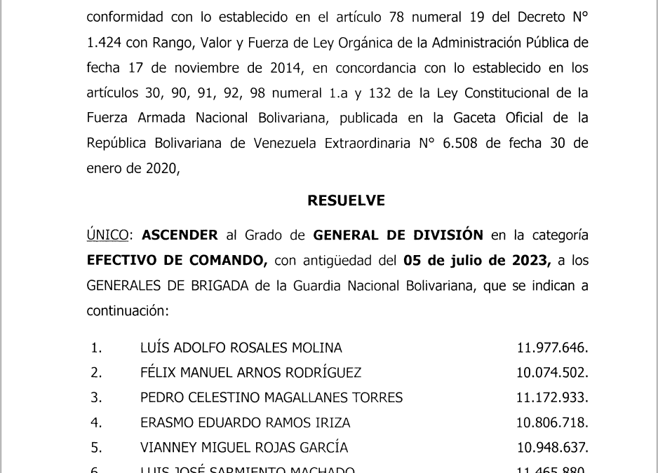 Ascensos Militares:  46  efectivos militares son ascendidos al grado de general de división y de brigada en la GNB