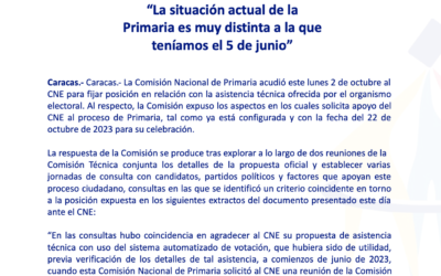 Comisión Nacional de Primaria solicitó al CNE contar con la facilitación de los órganos con competencia en materia de seguridad y orden público para celebración de primarias el 22 de octubre