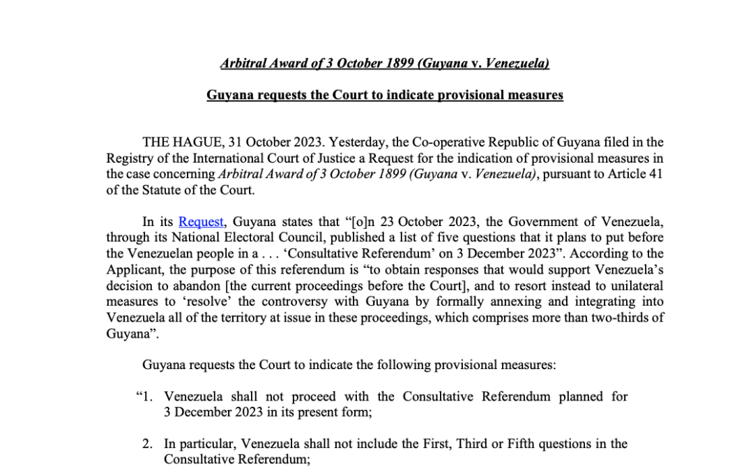 Urgente: Guyana pide a la Corte Internacional de Justicia (CIJ) que Venezuela suspenda en Referéndum previsto para el próximo 3 de diciembre