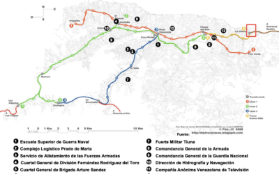 Mapa con todas las Zonas de Seguridad  decretadas en el área metropolitana de Caracas y cercanía con líneas del Metro de Caracas