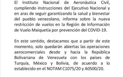 INAC anunció nueva medida de restricción de vuelos desde y hacia Venezuela