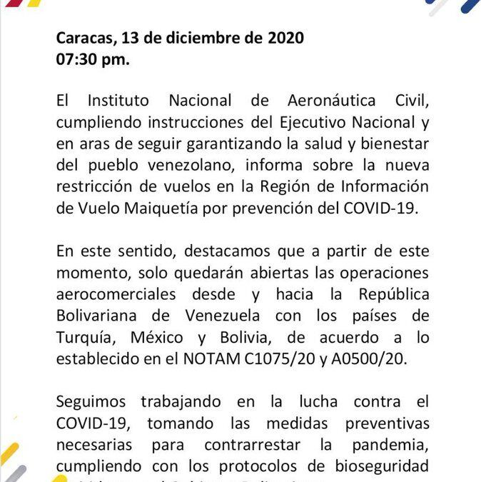 INAC anunció nueva medida de restricción de vuelos desde y hacia Venezuela
