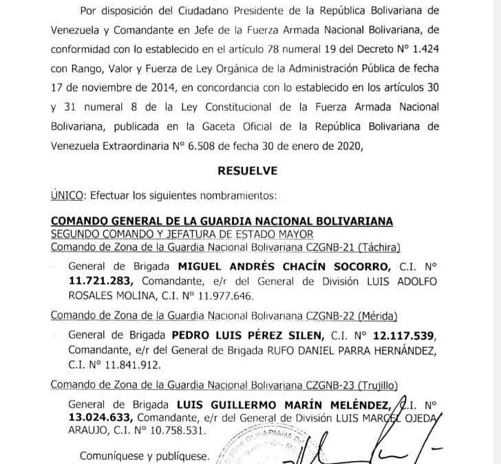 Designan nuevos comandantes de la GNB para Táchira, Mérida y Trujillo