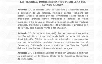 En Gaceta declaratoria como Zona de Desastre y Catástrofe Natural la población de Las Tejerías
