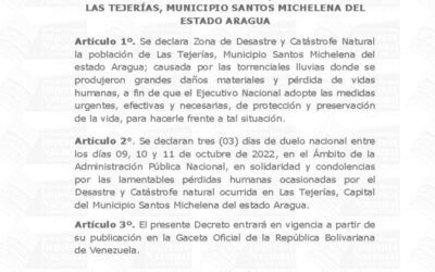 En Gaceta declaratoria como Zona de Desastre y Catástrofe Natural la población de Las Tejerías